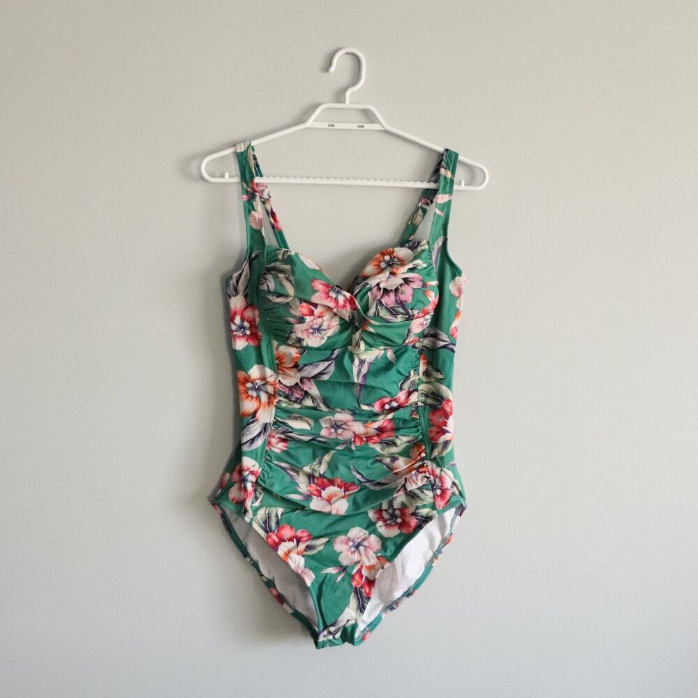 Women's‎ Sz 8 Green Floral Sweetheart One Piece Stretch Ruched Swim Bathing Suit